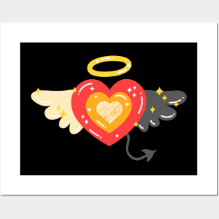 Cute Kawaii Angel Wing and Demon Wing Hearts with Halo Posters and Art